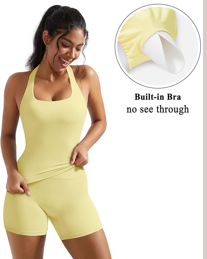 OMKAGI 2 Piece Workout Sets for Women Halter Sports Bra Tank Gym Biker Shorts Outfits