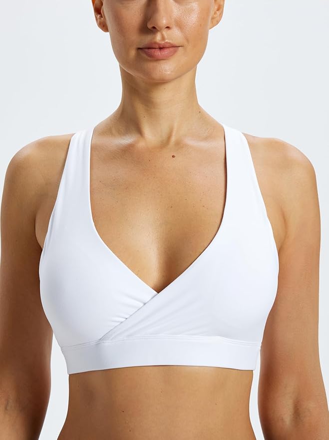 Ruched V Neck Criss Cross Back Ballet Sports Bra Wrap Front Yoga Medium Support Workout Crop Top Removable Pads