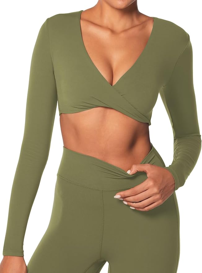Sunzel Long Sleeve Workout Tops for Women Buttery Soft Deep V Twist Cropped Tops with Compression for Yoga Pilates Gym Outfit