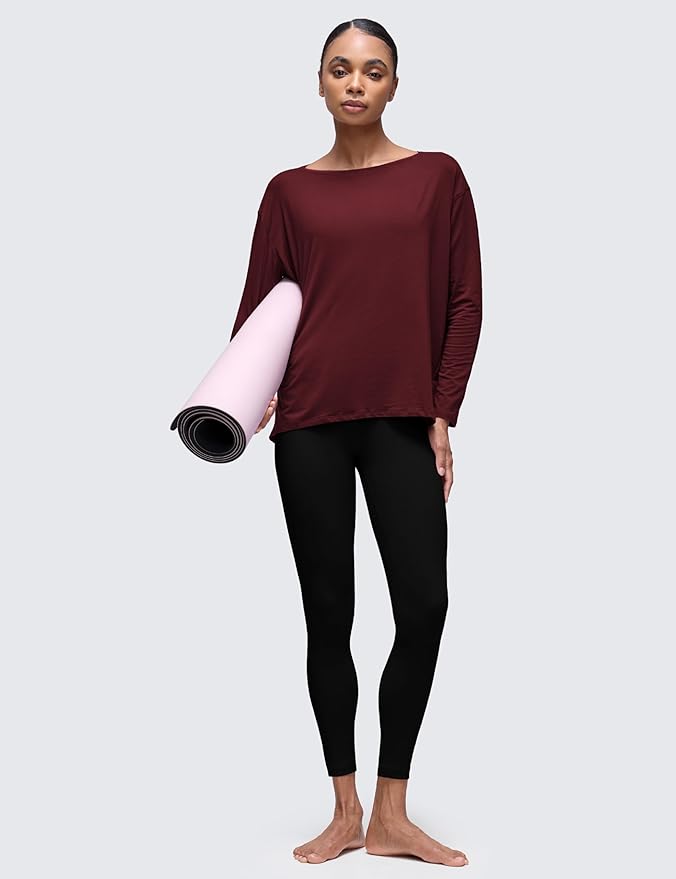 CRZ YOGA Pima Cotton Boat Neck Long Sleeve Shirts for Women - Workout Athletic Yoga Casual Tops Loose Fit Fall T-Shirts