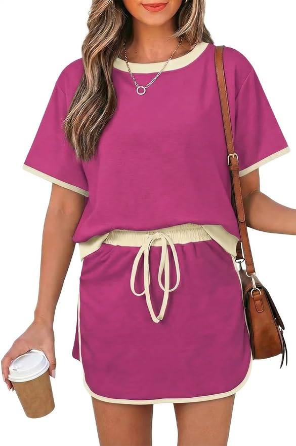 Opemiby Womens 2 Piece Skort Set 2026 Color Block Short Sleeve Top Drawstring Skort Matching Sets Casual Lounge Summer Outfit