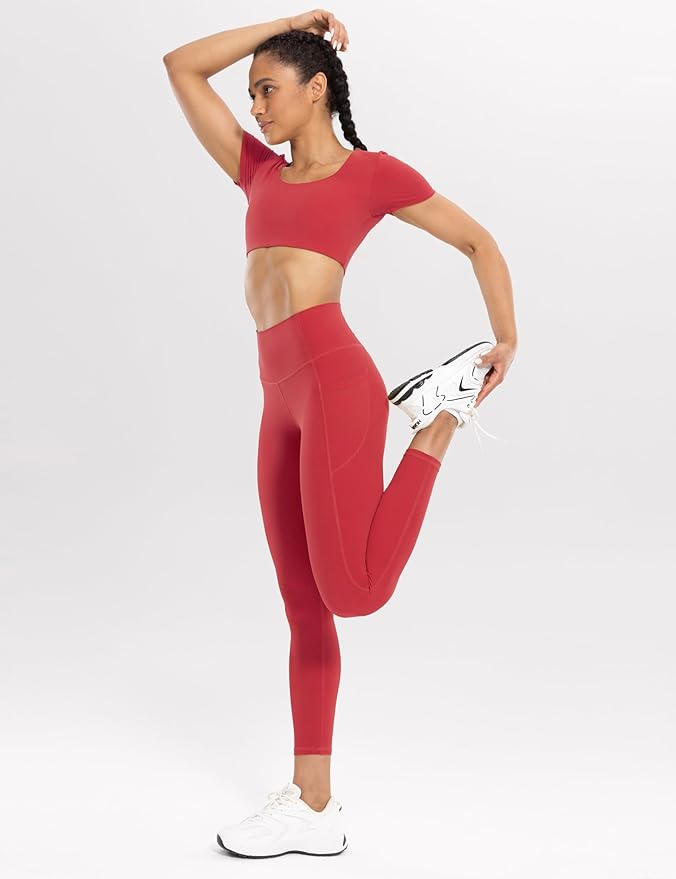 ENERBLOOM Workout Leggings with Pockets for Women High Waist Yoga Pants 25"/28" Cream Soft Lightweight Athletic Gym Tights