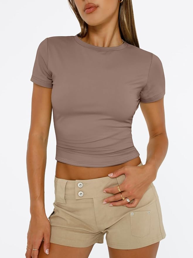 Trendy Queen Womens Short Sleeve T Shirts - Buttery Soft Summer Crop Tops Slim Fit Y2k Basic Tees for Workout