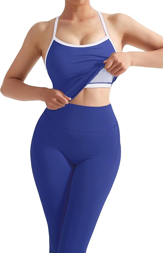 SUUKSESS Women 2 Piece Workout Sets Compression Tummy Control Leggings with Pockets Halter Built in Bra Tank Tops