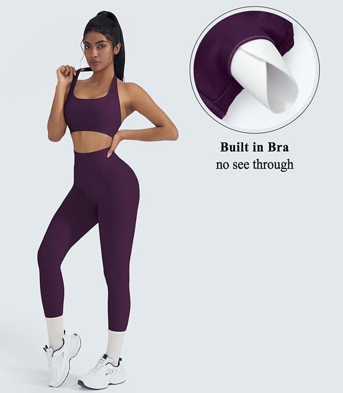 OMKAGI 2 Piece Workout Sets for Women Halter Sports Bras Gym Sets Booty Leggings Outfits