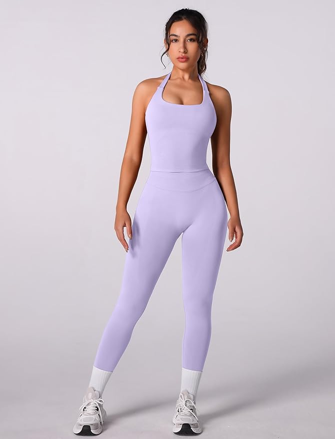 ABOCIW Workout Sets for Women Seamless Scunch Butt Lifting Impact Leggings Halter Sports Bra 2 Piece Gym Outfits