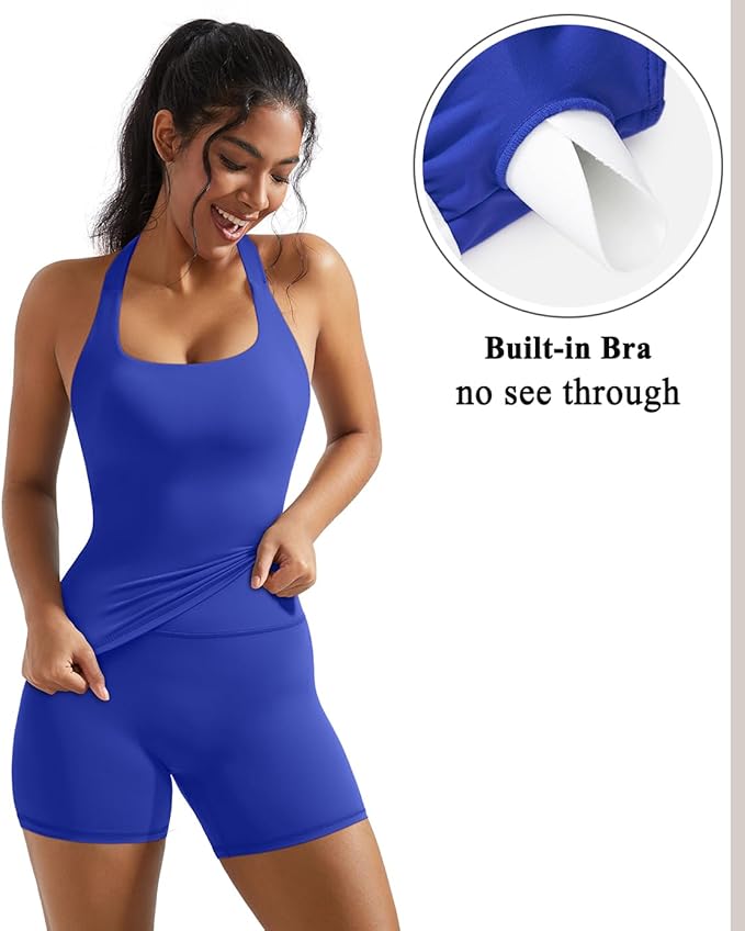 OMKAGI 2 Piece Workout Sets for Women Halter Sports Bra Tank Gym Biker Shorts Outfits