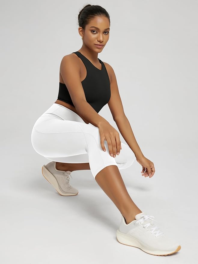 ODODOS Women's High Waisted Yoga Capris with Pockets, Tummy Control Non See Through Workout Athletic Running Capri Leggings
