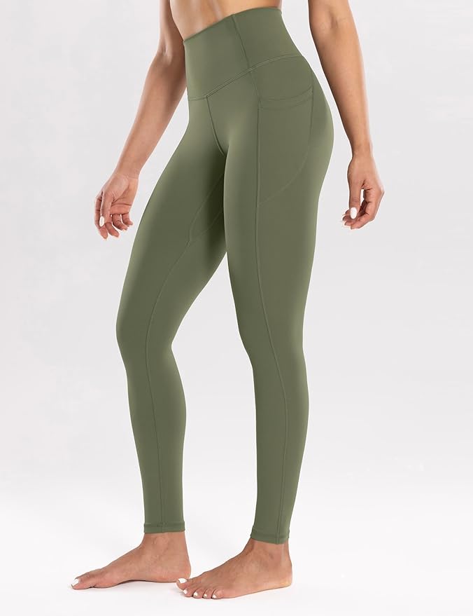 ENERBLOOM Workout Leggings with Pockets for Women High Waist Yoga Pants 25"/28" Cream Soft Lightweight Athletic Gym Tights