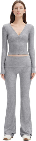 SUUKSESS Women 2 pieces Lounge Sets Long Sleeve V Neck Tops Fold Over Flare Leggings