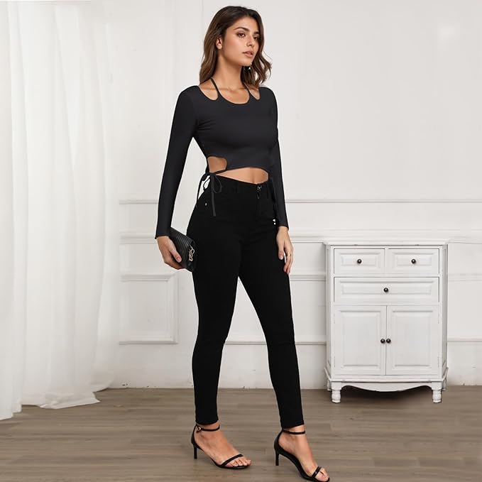 JBT Halter Neck Long Sleeve Strap Yoga Wear, Unique Waist & Strap Design, Comfortable & Breathable for Activewear
