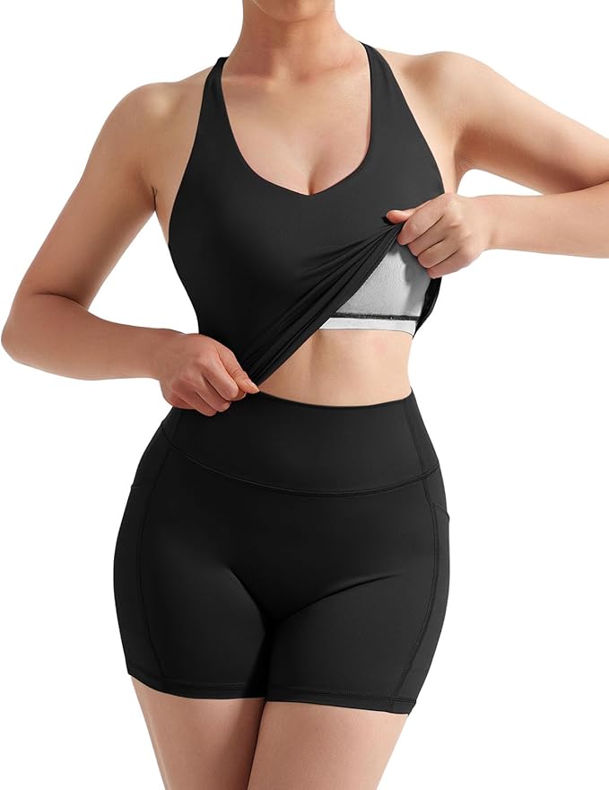 SUUKSESS Women 2 Piece Workout Sets Padded Tank Tops Tummy Control Leggings Gym Outfits
