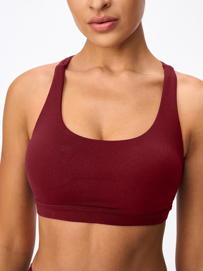 Women's Strappy Sports Bras Light Compression Crop Criss Cross Back Padded Workout Yoga Bra Supportive U Neckline