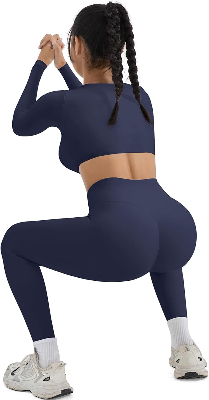 SUUKSESS Women 2 Piece Workout Sets Compression Tummy Control Leggings with Pockets Long Sleeve Square Neck Padded Crop Tops