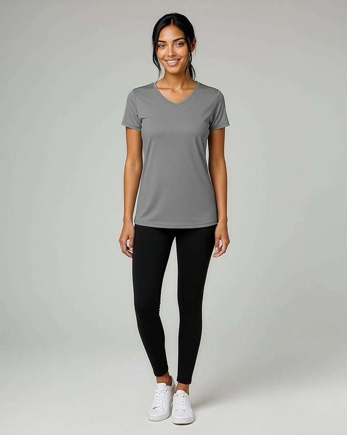 Real Essentials 5 Pack: Women's Dry-Fit Short Sleeve V Neck T Shirt Workout Fitness Yoga Top Tee (Available in Plus Size)