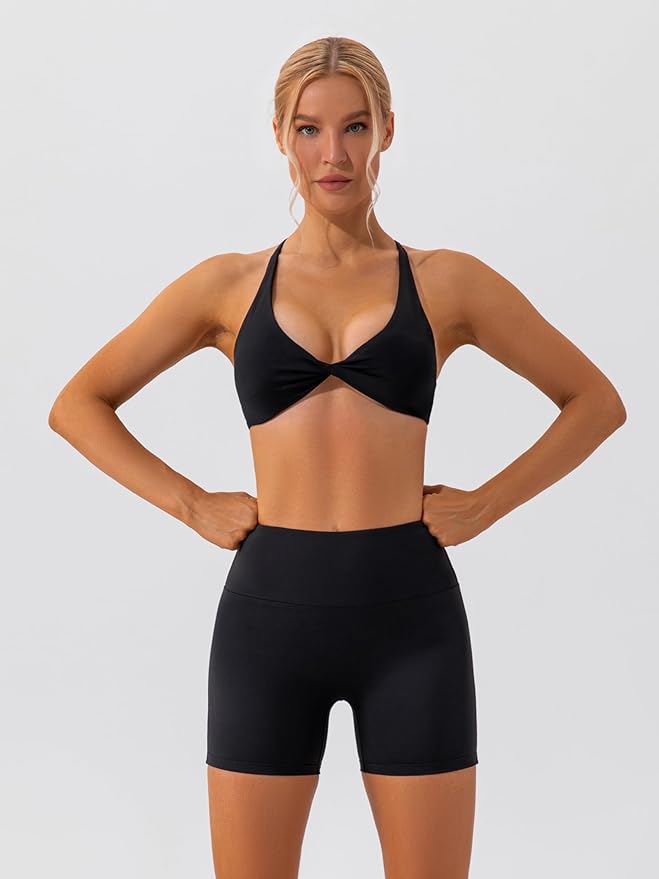 ABOCIW Workout Sets for Women 2 Piece Twist Front Halter Sports Bras High Waist Biker Shorts Exercise Gym Yoga Outfit