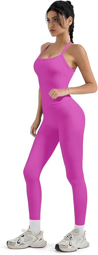 SUUKSESS Women 2 Piece Workout Sets Compression Tummy Control Leggings with Pockets Halter Built in Bra Tank Tops