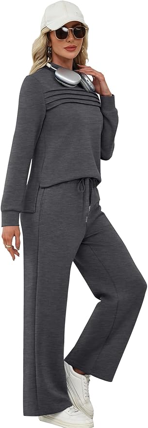 WIHOLL Two Piece Sets for Women Spring Travel Vacation Outfits 2026 Long Sleeve Lounge Sets Side Slit Wide Leg Pants S-3XL