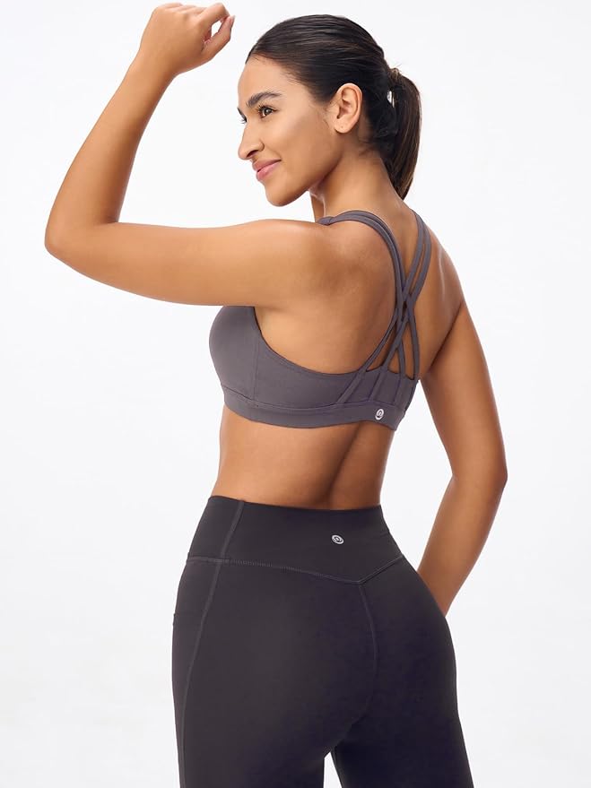 Women's Strappy Sports Bras Light Compression Crop Criss Cross Back Padded Workout Yoga Bra Supportive U Neckline