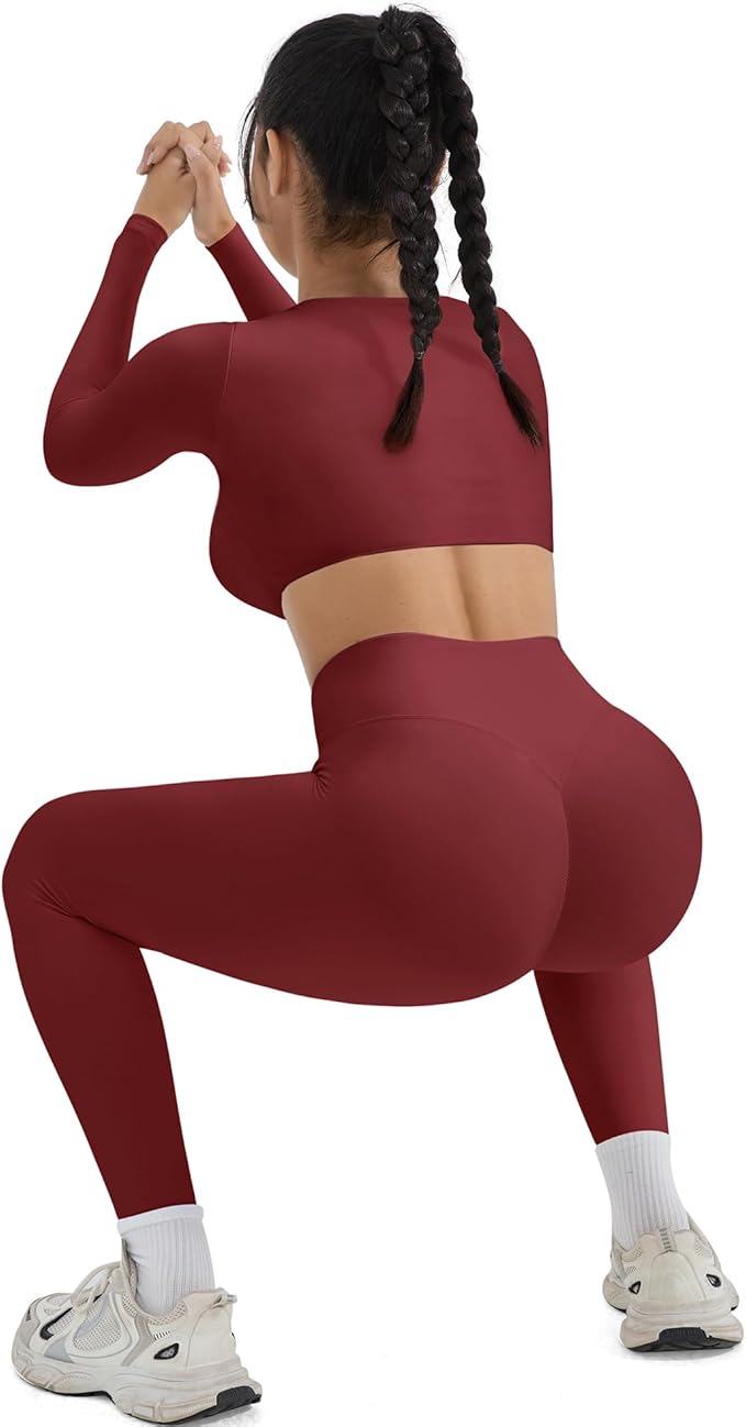 SUUKSESS Women 2 Piece Workout Sets Compression Tummy Control Leggings with Pockets Long Sleeve Square Neck Padded Crop Tops