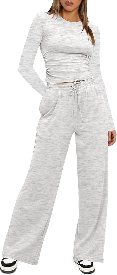 Darong Women's 2 Piece Outfits Lounge Sets 2026 Long Sleeve Tops Wide Leg Pants Casual Matching Set