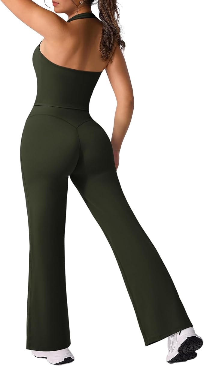 RXRXCOCO Halter Workout Sets for Women 2 Piece Padded Crop Tank Tops Straight Leg Yoga Pants Outfits with Hidden Pocket