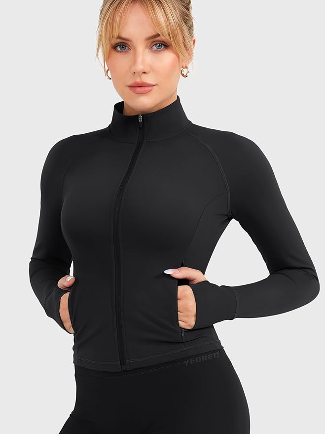 YEOREO Women Full Zip Workout Jacket with Pockets Thumb Hole Long Sleeve Athletic Cropped Jackets Gym Yoga Top