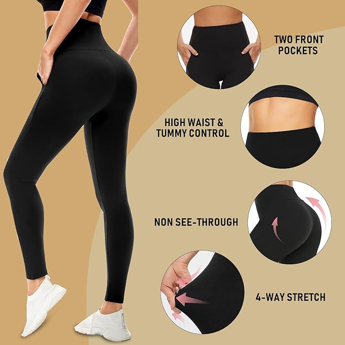 MOREFEEL Leggings with Pockets for Women, High Waisted Tummy Control Workout Hip Lift Yoga Pants Activewear