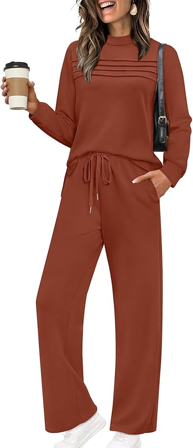 WIHOLL Two Piece Sets for Women Spring Travel Vacation Outfits 2026 Long Sleeve Lounge Sets Side Slit Wide Leg Pants S-3XL