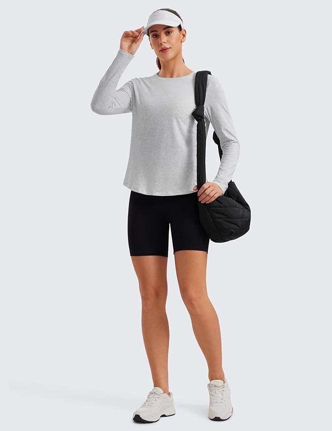 CRZ YOGA Pima Cotton Crewneck Long Sleeve Shirts for Women - Workout Athletic Yoga Casual Tops Soft Plain T-Shirt