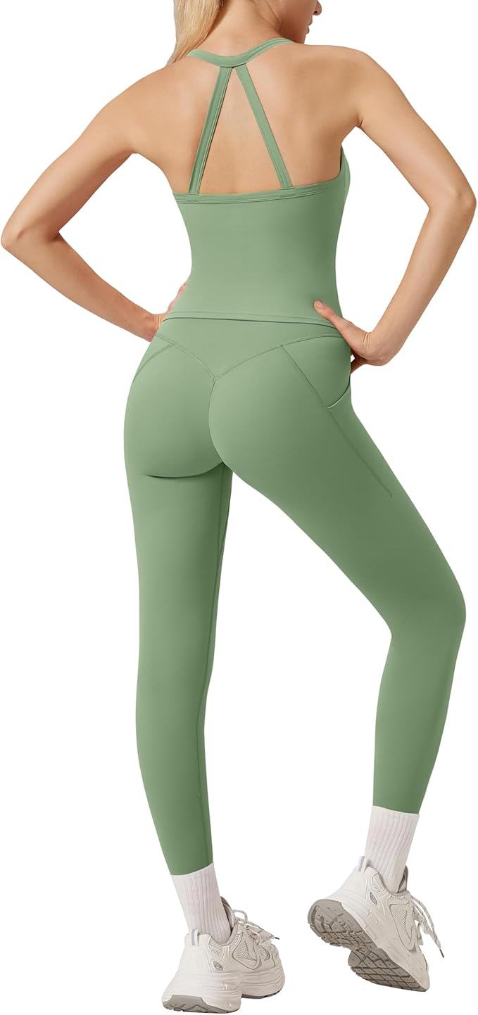 RXRXCOCO Cross Back Workout Sets for Women 2 Piece Padded Tank Tops Hidden Scrunch Leggings Gym Outfits with Pockets