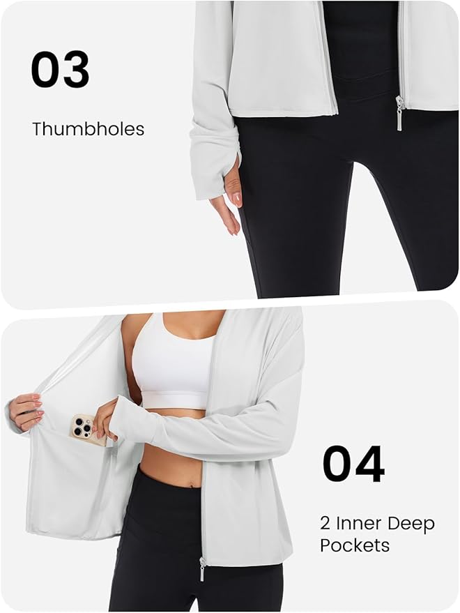 VUTRU Women UPF 50+ Sun Protection Jacket Hoodie Lightweight Full Zip Pockets Running Shirts Long Sleeve for Hiking Outdoor
