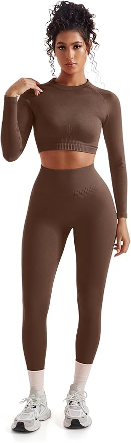 SUUKSESS Women 2 Piece Workout Sets Hidden Scrunch Hip Lifting Seamless Leggings Long Sleeve Yoga Crop Tops