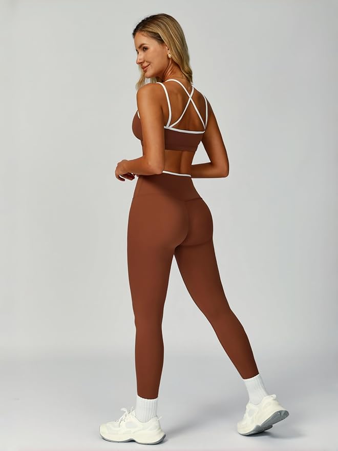 ABOCIW Two Piece Workout Sets for Women Color Block Strappy Sports Bra High Waist Leggings Yoga Pilates Outfits