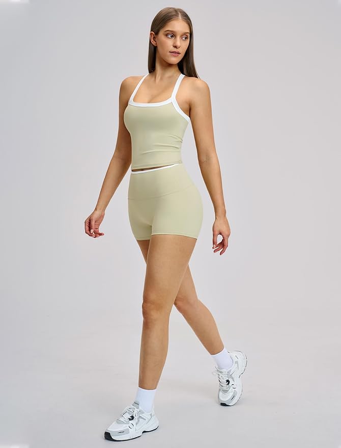 Women 2 Piece Workout Sets Padded Criss Cross Back Crop Tank High Waist Tummy Control Shorts Yoga Outfits