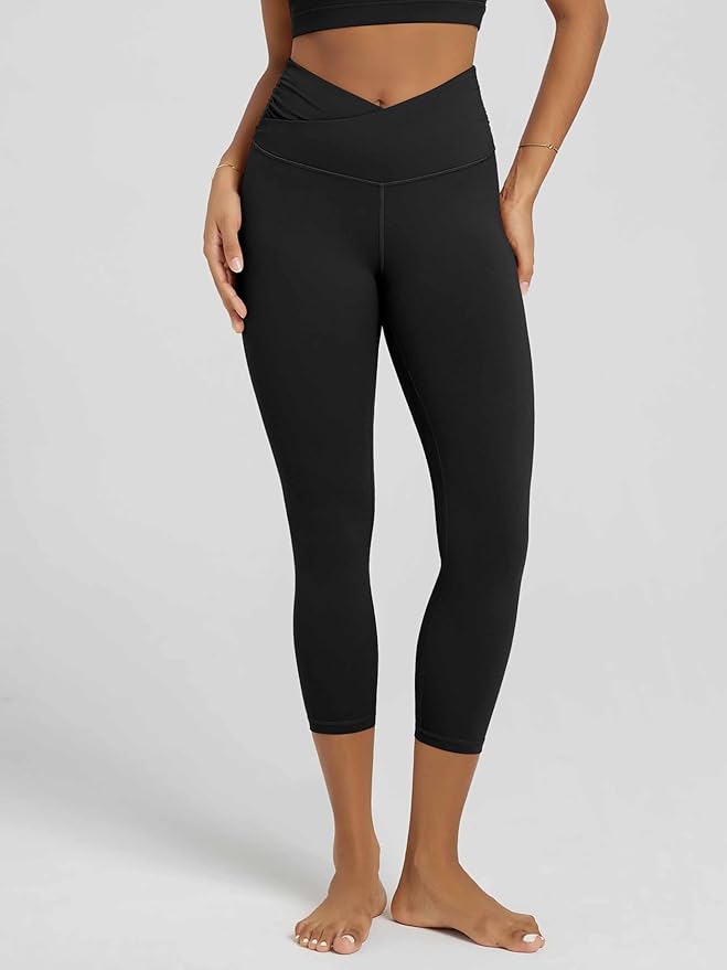 ODODOS Women's Cross Waist Yoga Leggings with Inner Pocket, 23"/25"/28" Gathered Crossover Workout Yoga Pants