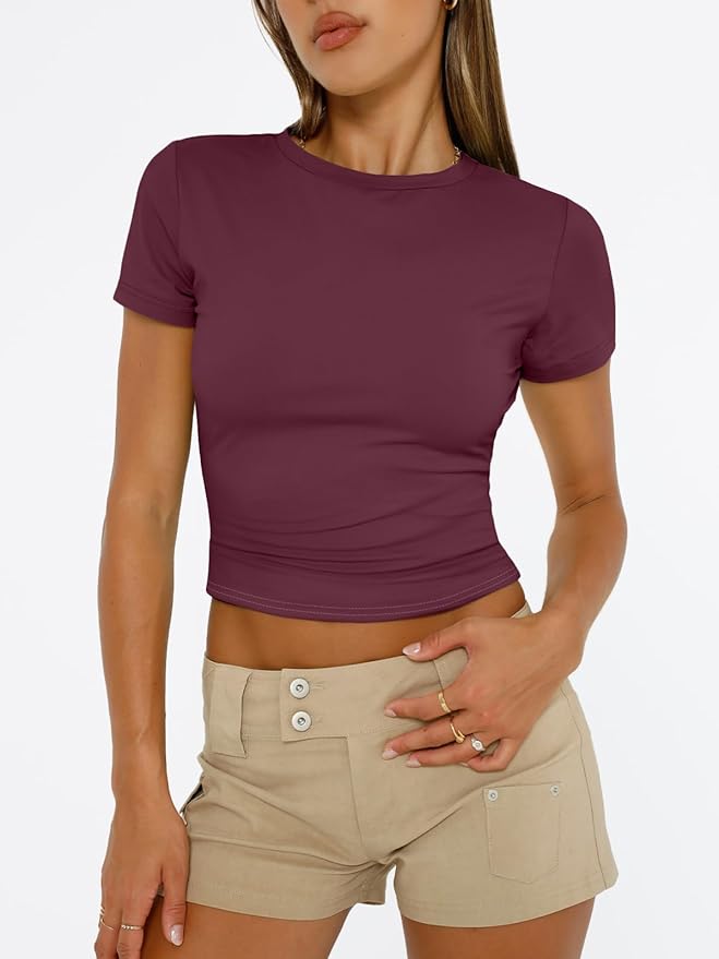 Trendy Queen Womens Short Sleeve T Shirts - Buttery Soft Summer Crop Tops Slim Fit Y2k Basic Tees for Workout