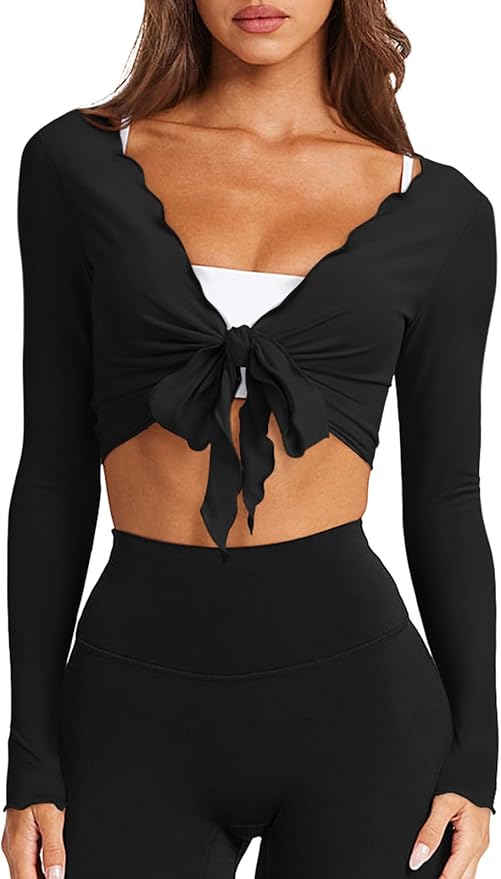 LASLULU Womens Tie Front Wrap Tops Long Sleeve Bolero Shrugs Crop Cardigan Yoga Ballet Cover up Tops Pilates Outfits