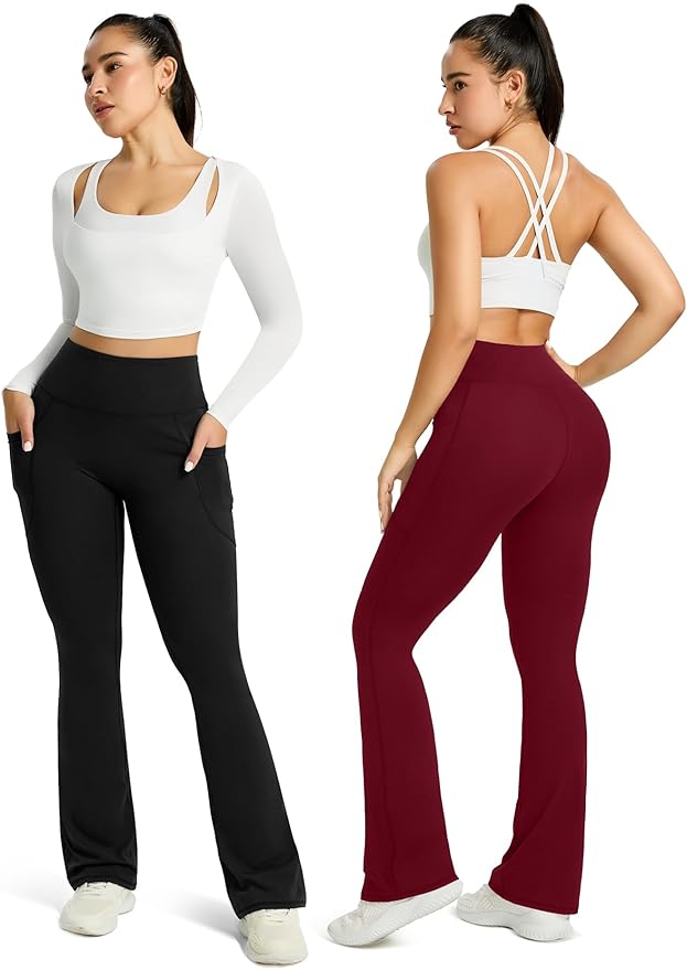 Womens Flared Yoga Pants with Pockets, High Waisted Flare Leggings Bell Bottom Bootcut Yoga Dress Pants