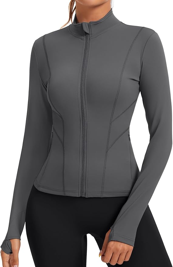 Rapbin Women's Slim Fit Workout Jackets Full Zip Long Sleeve Running Athletic Tops Yoga Shirts with Thumb Holes