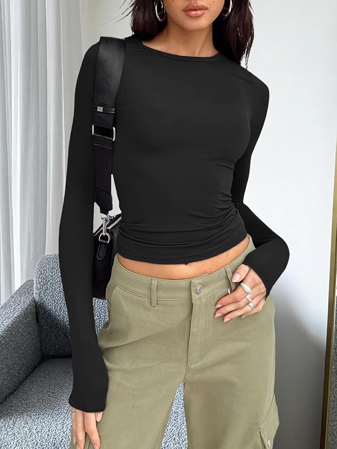 Trendy Queen Womens Long Sleeve T Shirts Fall Fashion 2026 Basic Crop Tops Going Out Outfits Y2k Clothes