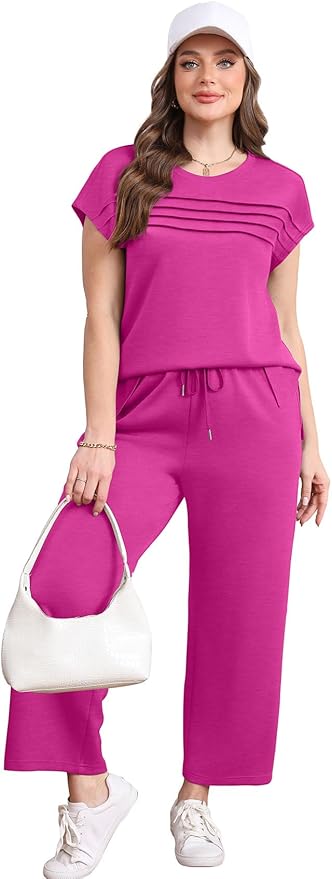 WIHOLL Two Piece Sets for Women Summer Spring Travel Vacation Outfits Cap Sleeve Lounge Matching Sets Wide Leg Pants S-3XL