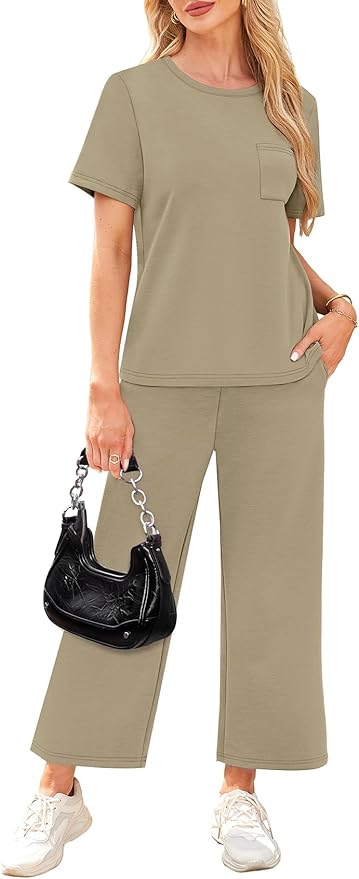 WIHOLL 2 Piece Sets for Women Casual Summer Travel Vacation Outfits Short Sleeve Wide Leg Crop Pants Lounge Sets