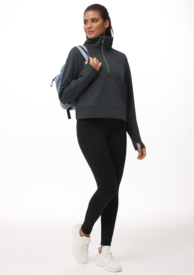 THE GYM PEOPLE Womens' Half Zip Pullover Fleece Stand Collar Crop Sweatshirt with Pockets Thumb Hole