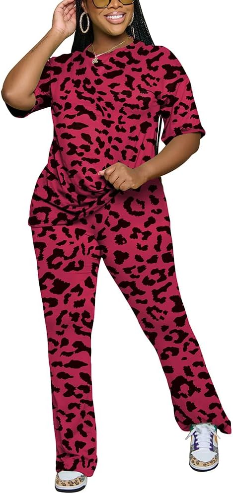 PINSV Women 2 Piece Outfits Short Sleeve Top and Flare Pants Lounge Sets Tracksuit