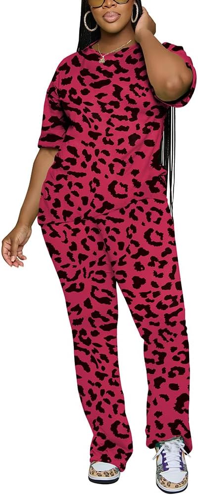 PINSV Women 2 Piece Outfits Short Sleeve Top and Flare Pants Lounge Sets Tracksuit