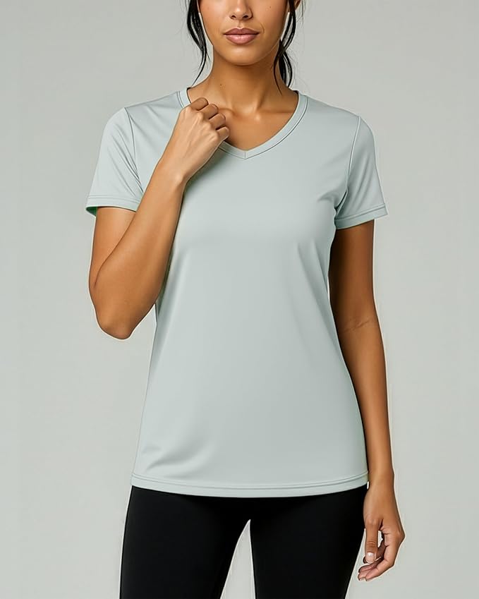 Real Essentials 5 Pack: Women's Dry-Fit Short Sleeve V Neck T Shirt Workout Fitness Yoga Top Tee (Available in Plus Size)