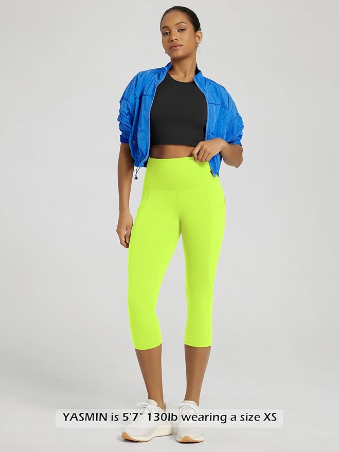 ODODOS Women's High Waisted Yoga Capris with Pockets, Tummy Control Non See Through Workout Athletic Running Capri Leggings