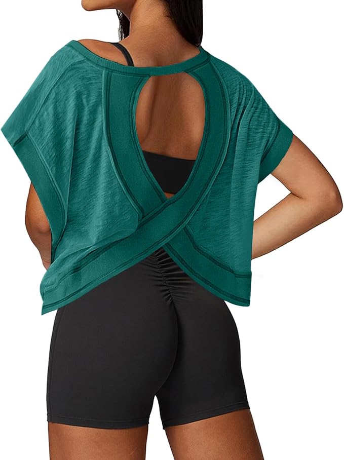 UNIANKIYA Open Back Workout Tops for Women Loose Fit Athletic Crop Tee Short Sleeve Gym Running Yoga Shirt