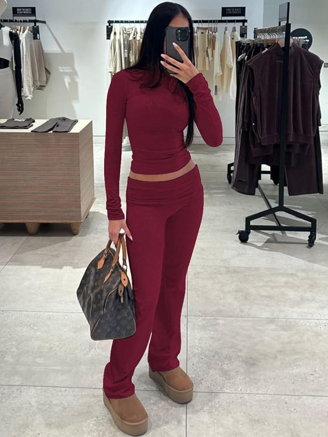 ZFLM Casual Workout Two Piece Outfits Long Sleeve High Waist Fold-Over Flared Leggings Pants Tracksuit Sets Streetwear